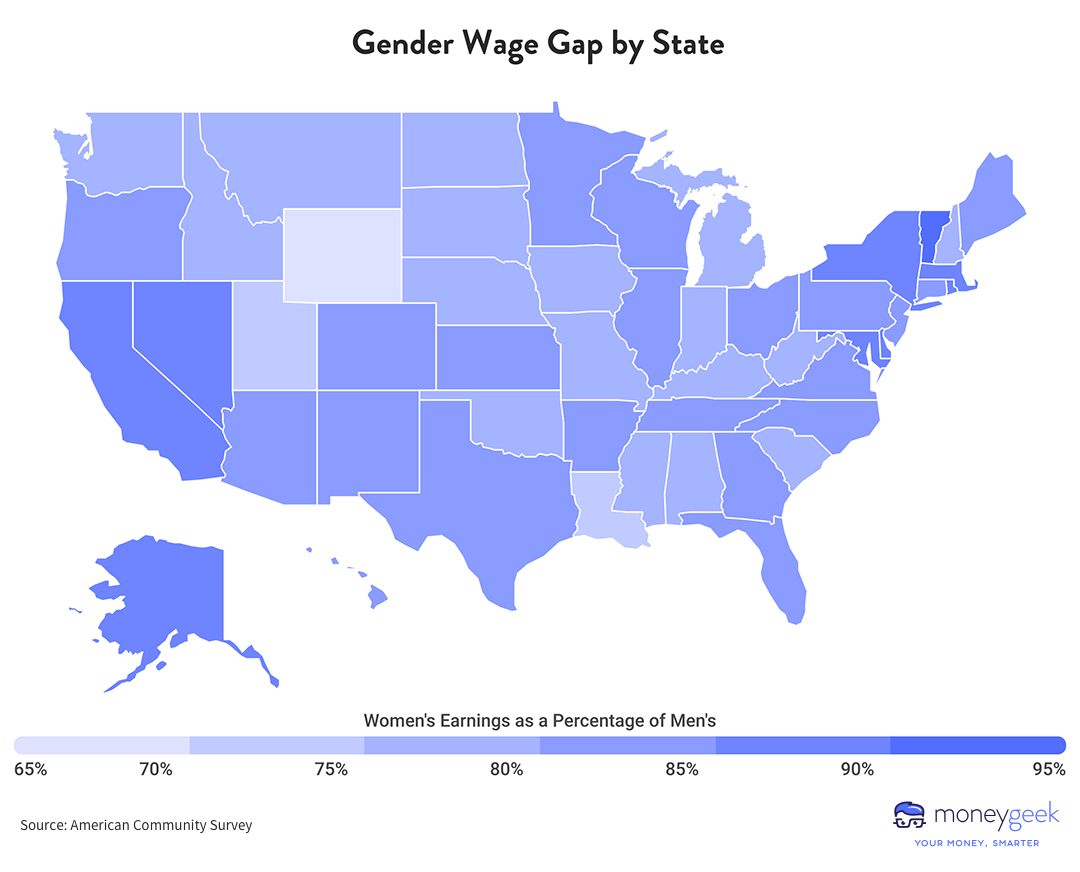 Heat map showing states with the largest gender wage gaps.