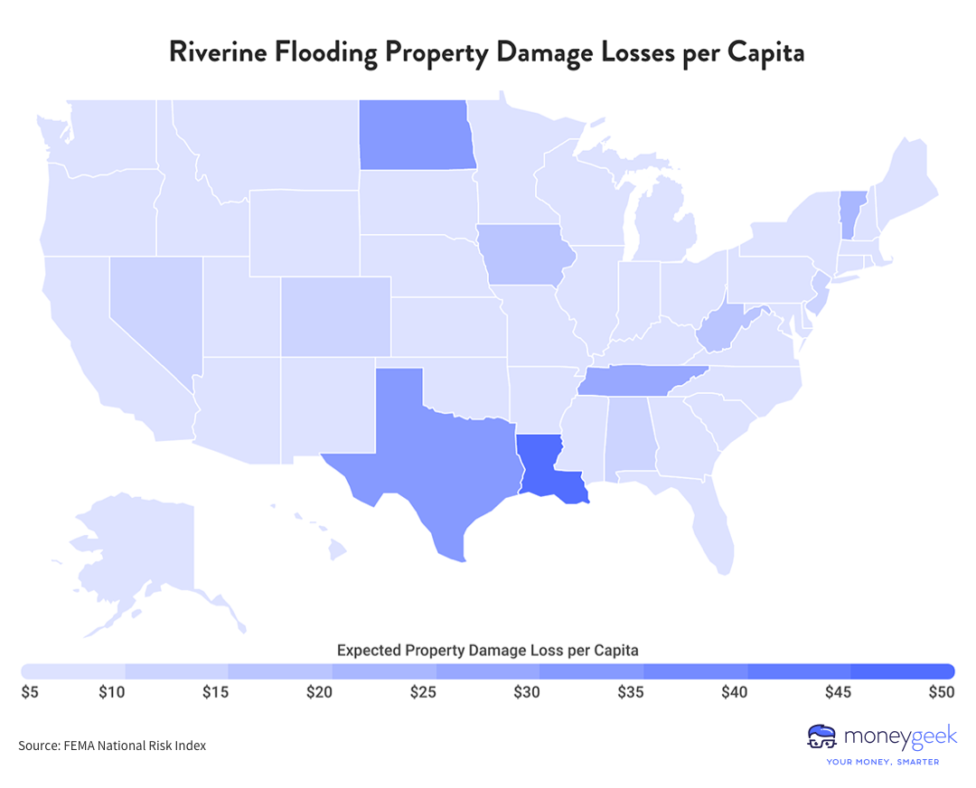 Heat map of riverine flooding property damage losses per capita.