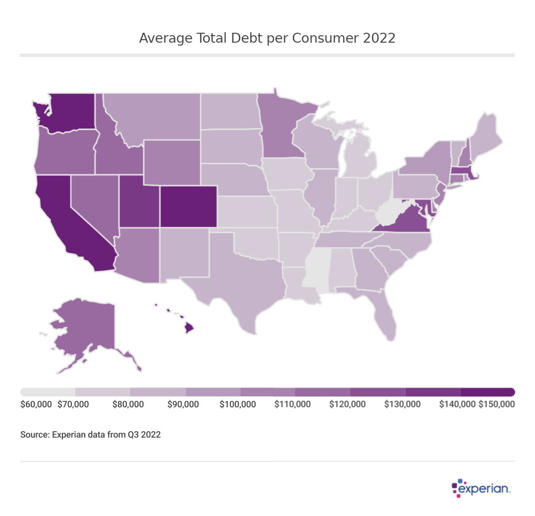 Heat map showing average credit debt across the US.