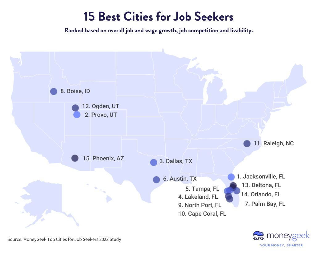 A U.S. map showing the 15 best cities for job seekers. 