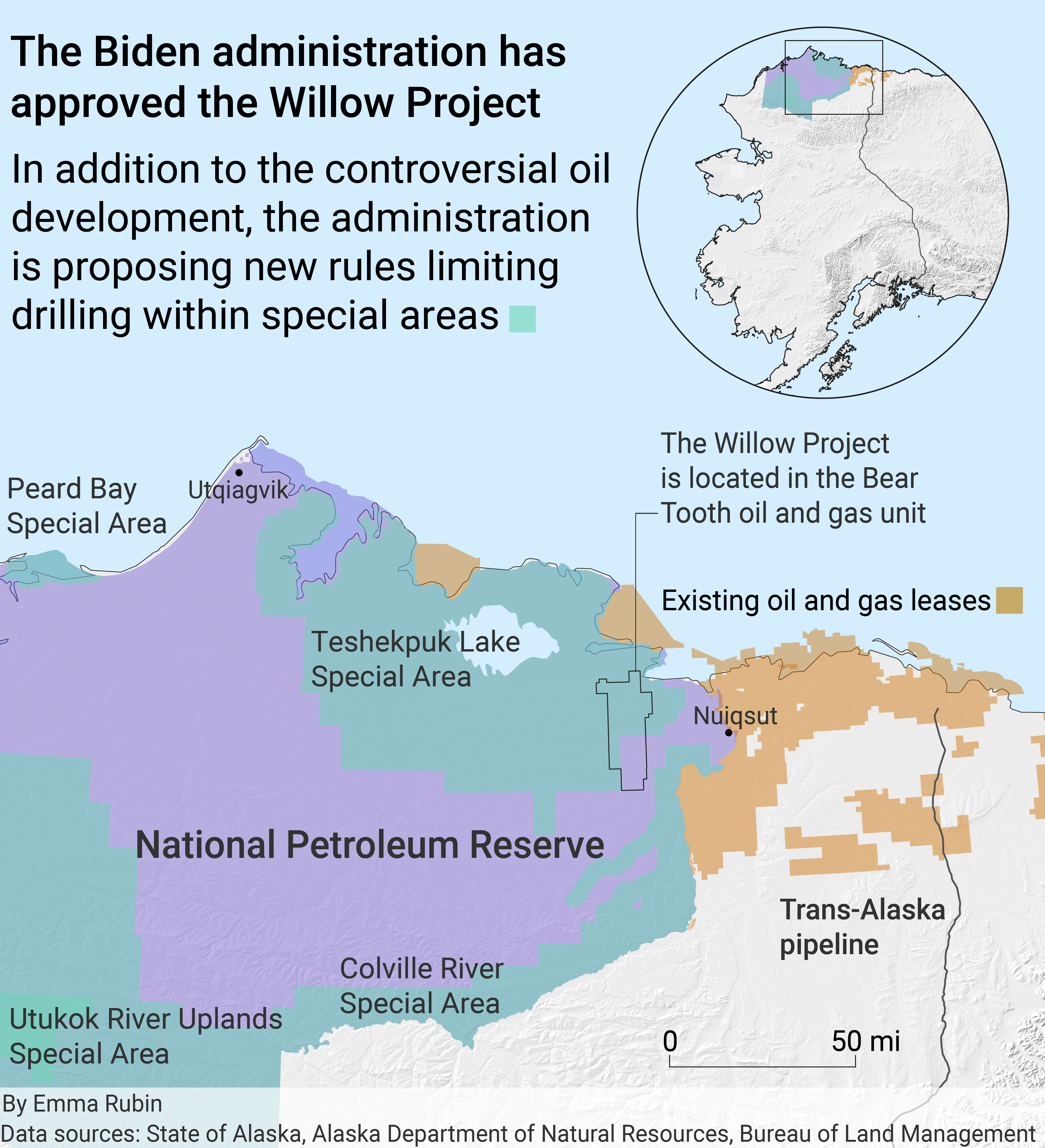 A map of the National Petroleum Reserve with the Willow Project drilling area outlined, and areas receiving new protections color-coded in teal blue