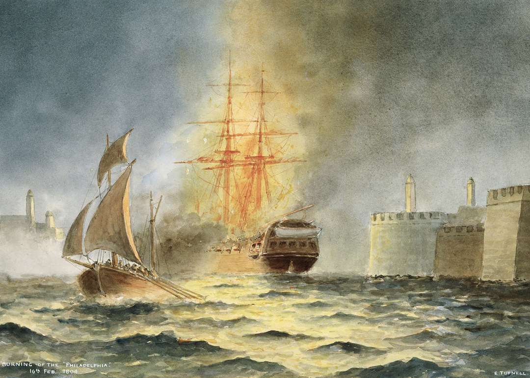 Watercolor by Commander Eric C. C. Tufnell of the burning of the frigate USS Philadelphia 