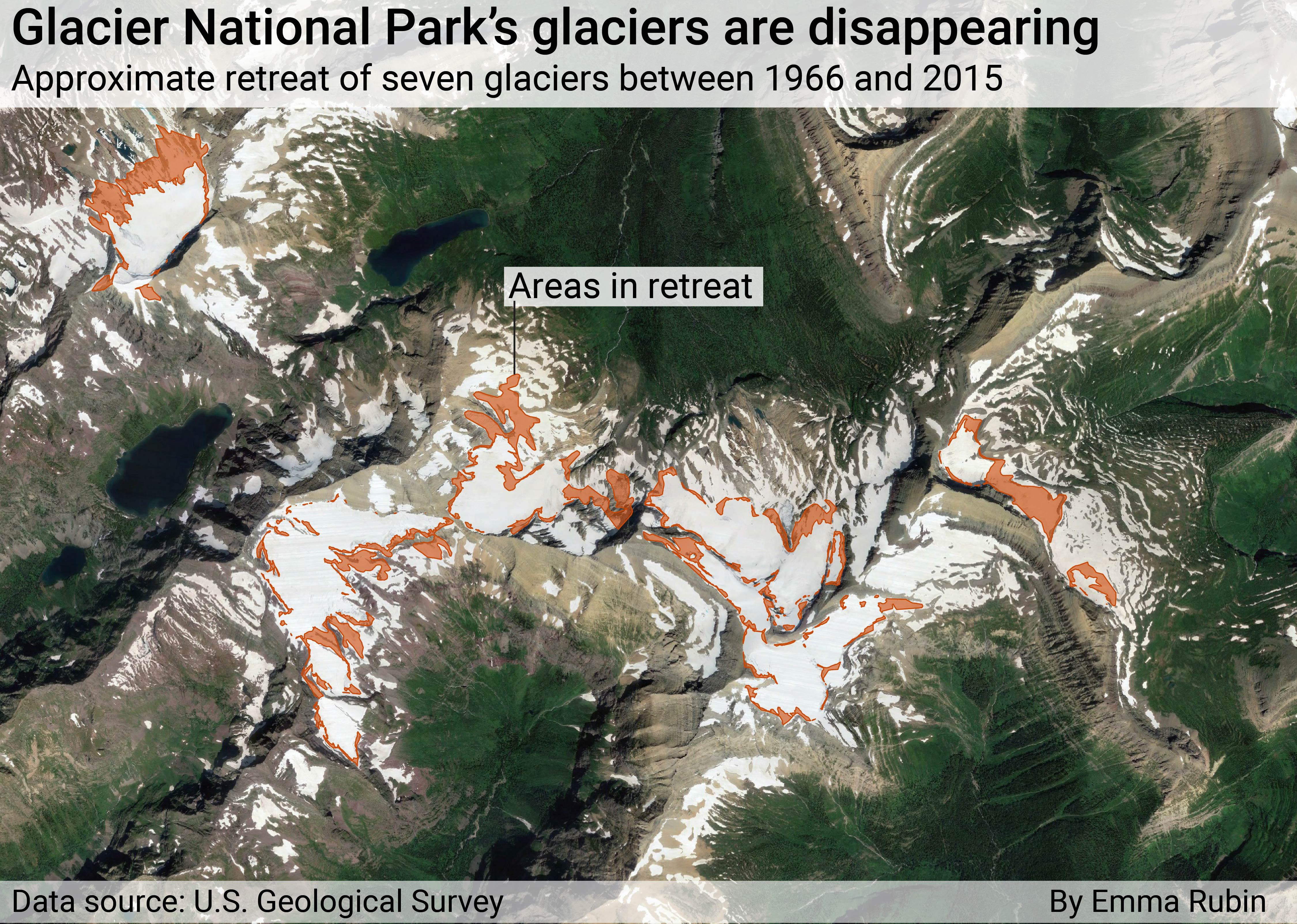 Map showing the scope of glacier retreat within Glacier National Park.