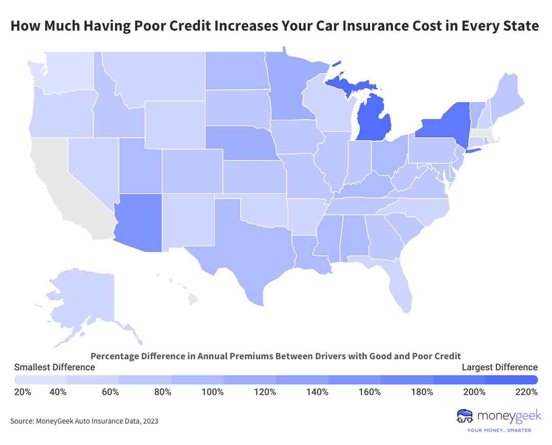 Map showing how much having poor credit increases your car insurance cost in every state.
