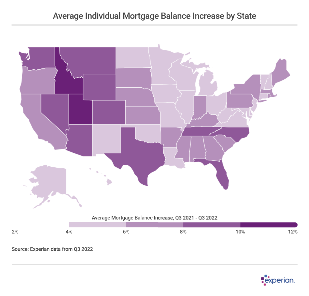 Heat map showing average individual mortgage balance increase by state.