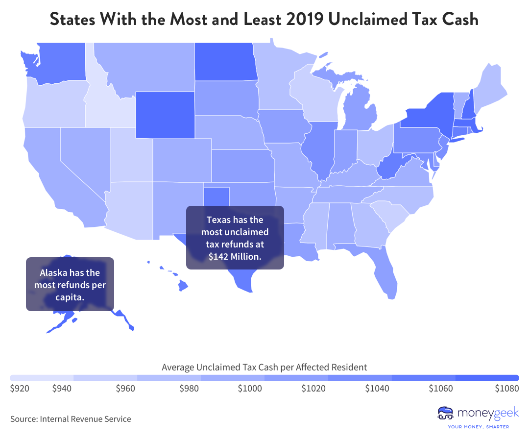 A map of the U.S. with states shaded by how much unclaimed tax cash their residents have.