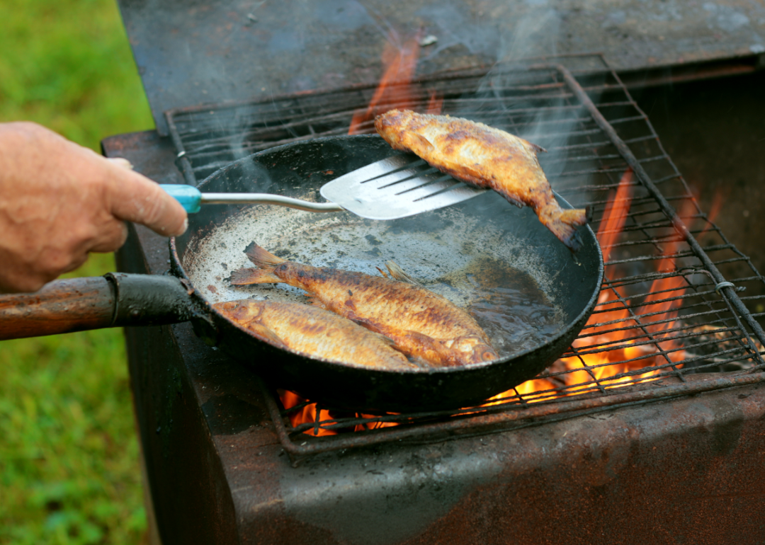 Cooking fish in an iron skillet over a grill.
