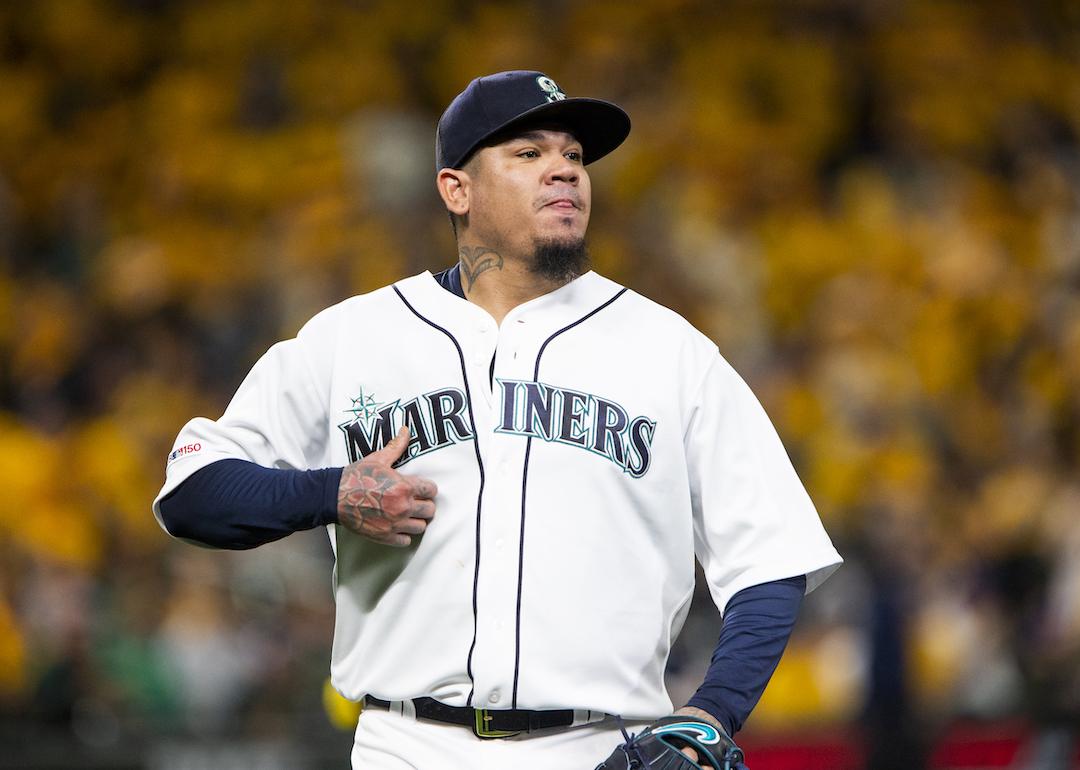 Félix Hernandez of the Seattle Mariners walks off the field after pitching in the first inning against the Oakland Athletics.