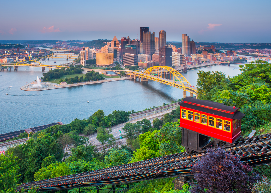 A distant view of the Pittsburgh skyline.