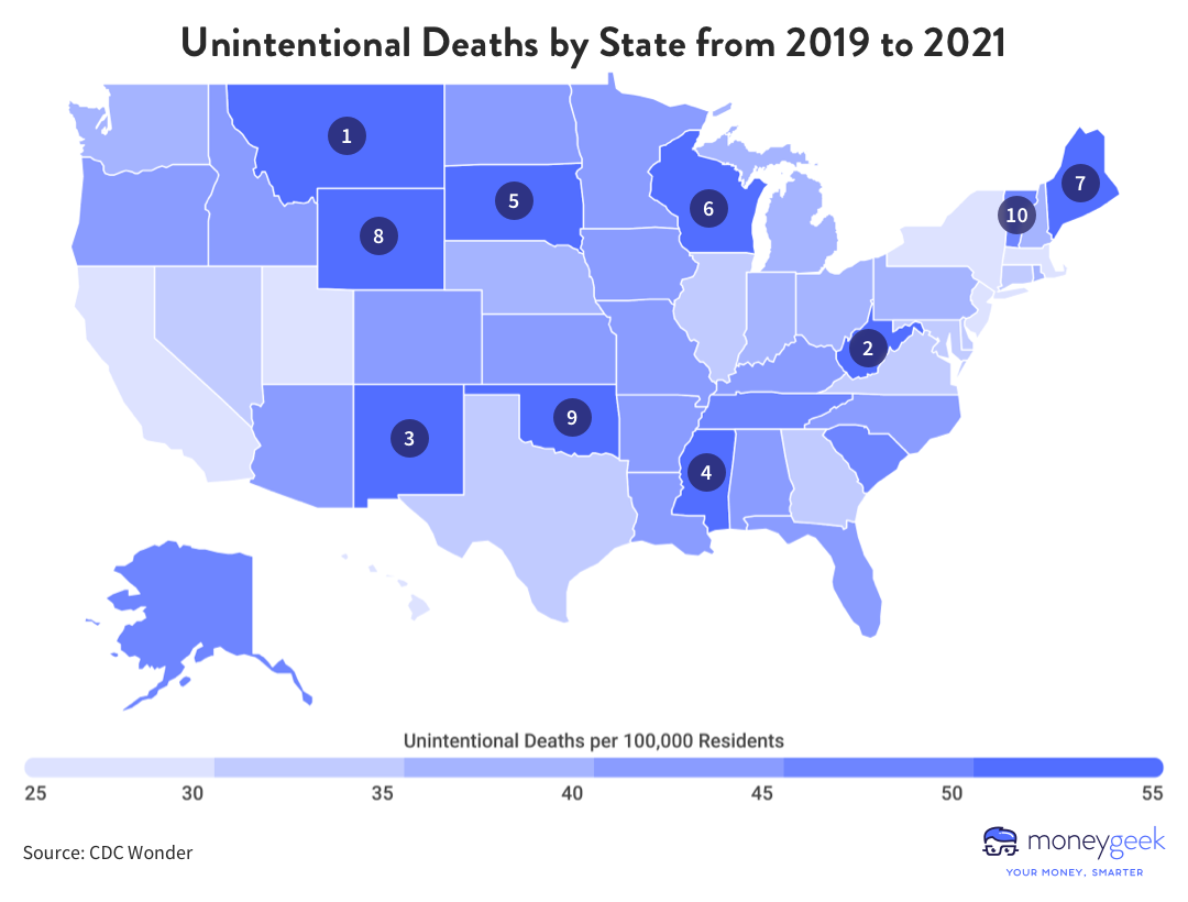 A map of the U.S. shows the number of unintentional deaths per 100,000 residents of each state from 2019 to 2021.
