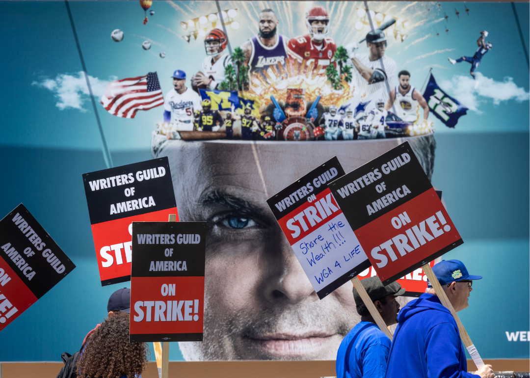 People picket outside of FOX Studios on the first day of the Hollywood writers strike on May 2, 2023 in Los Angeles.