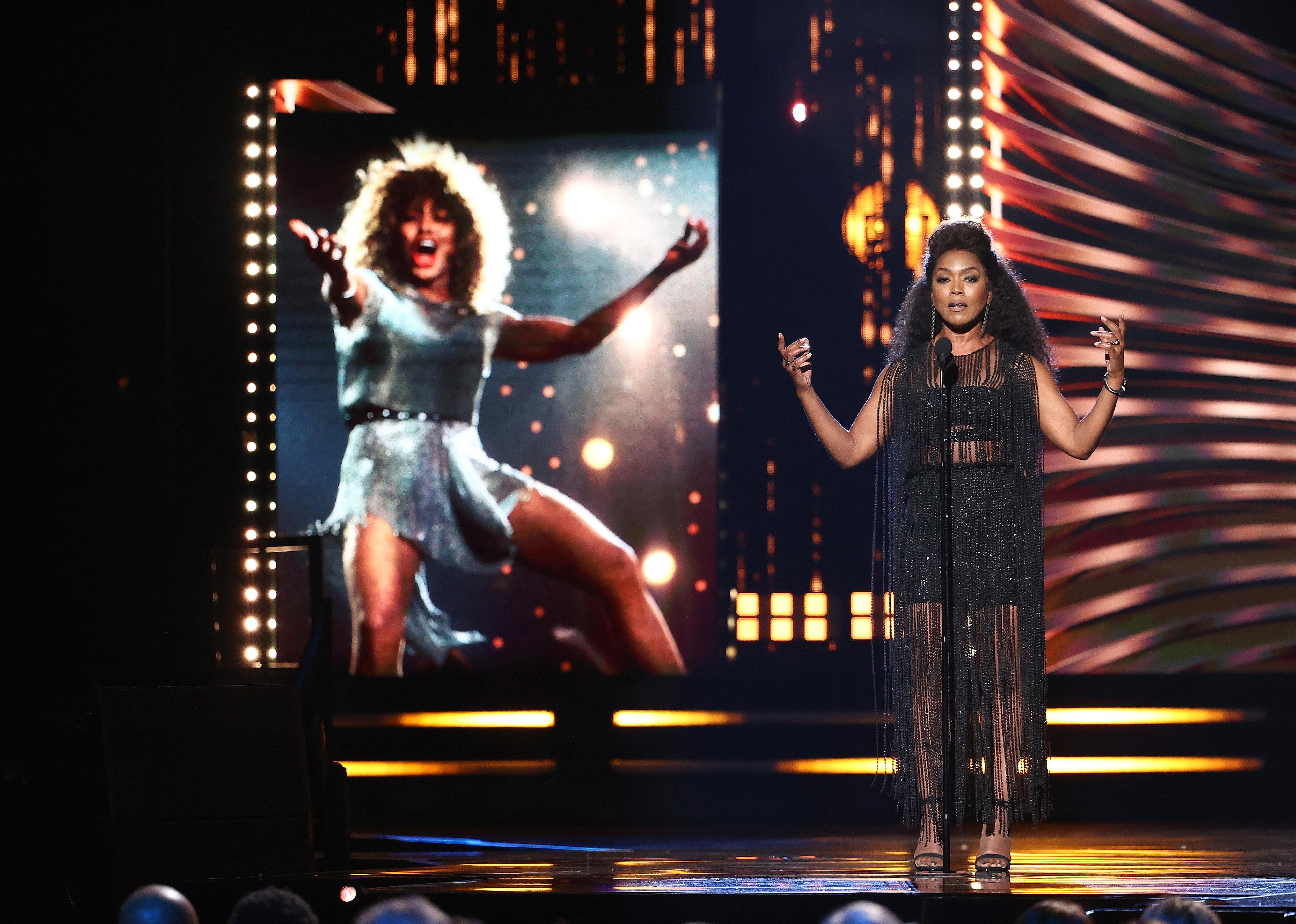 Angela Bassett inducts Tina Turner onstage during the 36th Annual Rock & Roll Hall Of Fame Induction Ceremony.