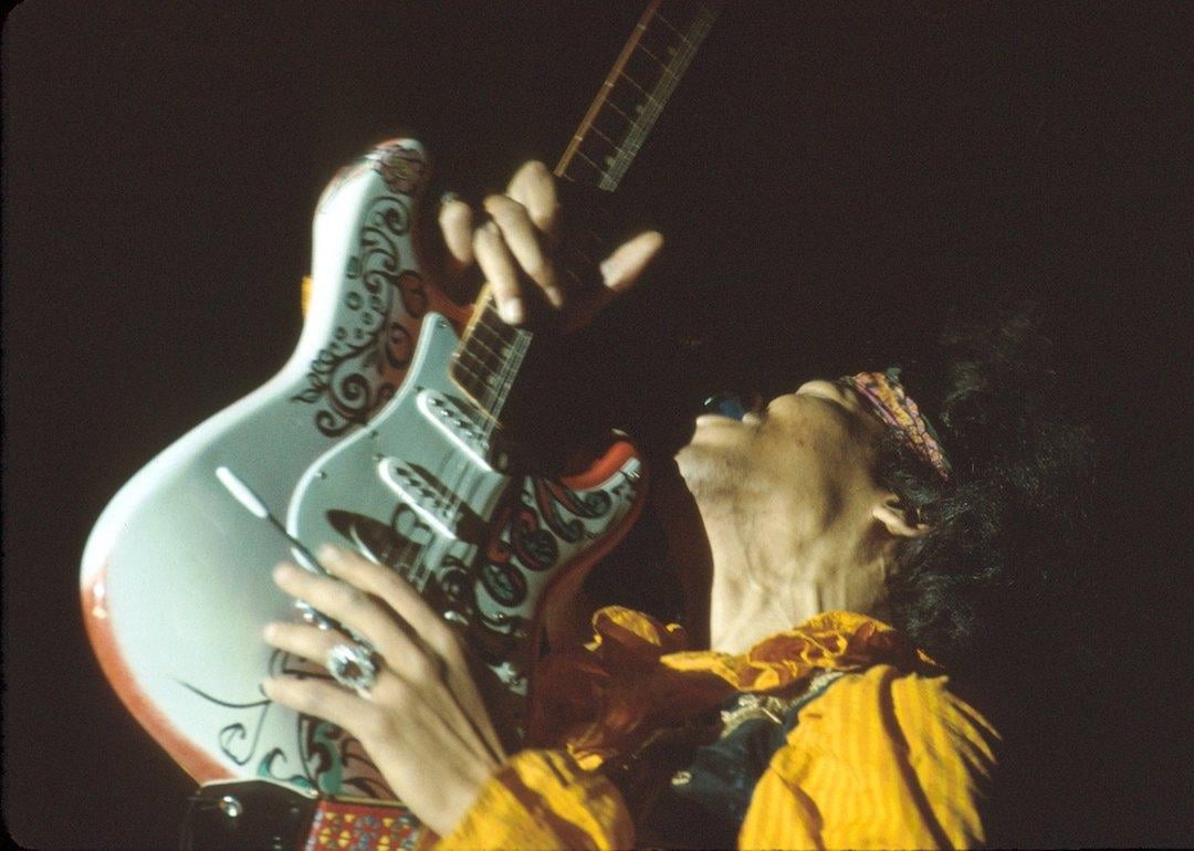 Jimi Hendrix performs onstage at the Monterey Pop Festival on June 18, 1967 in Monterey, California. 