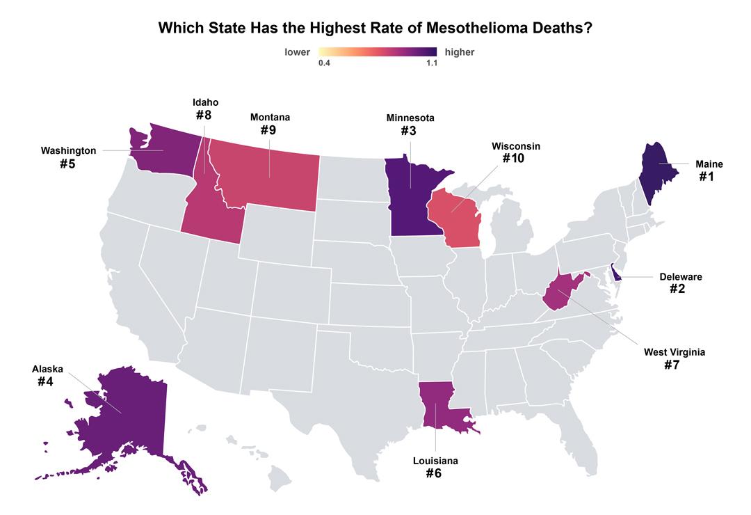 A map of the U.S. highlighting the 10 states with the top mesothelioma death rates.