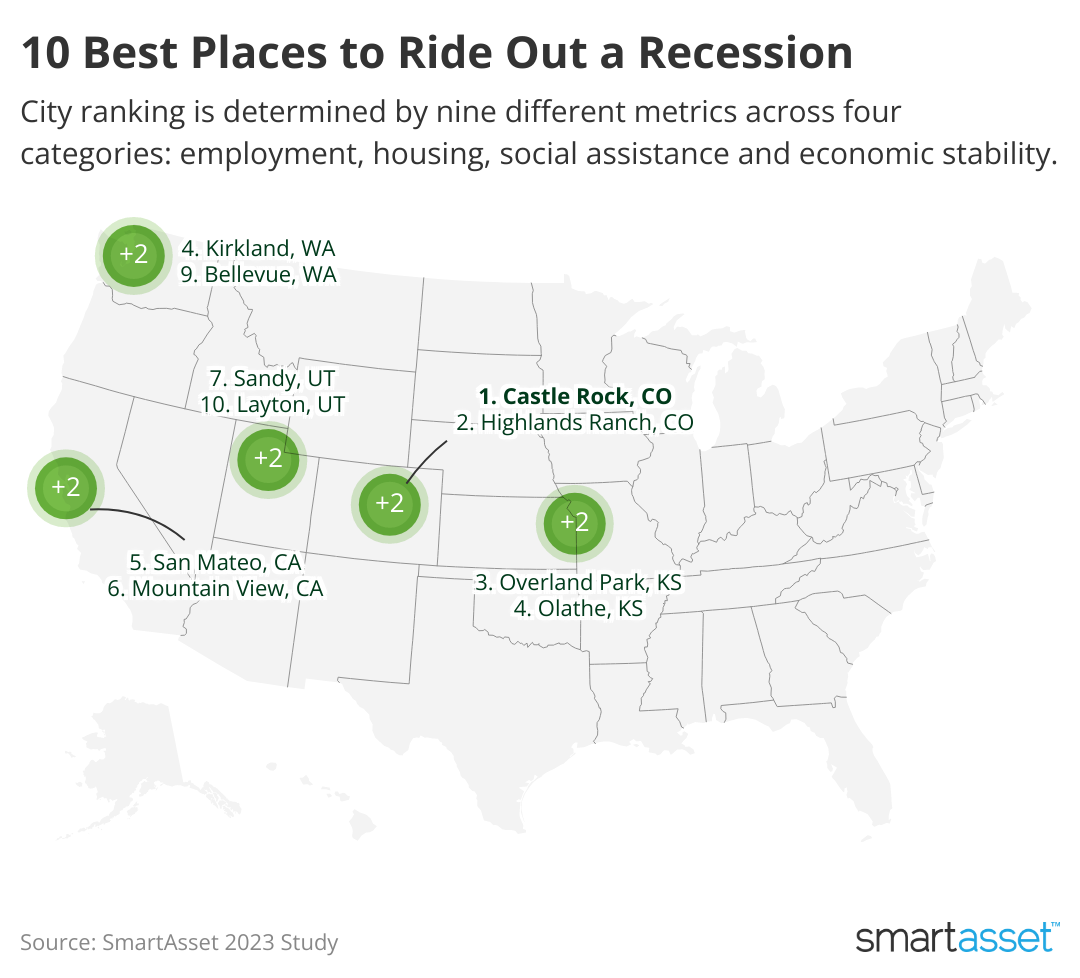 A map of the U.S. showing the locations of the 10 best places to rise out a recession.