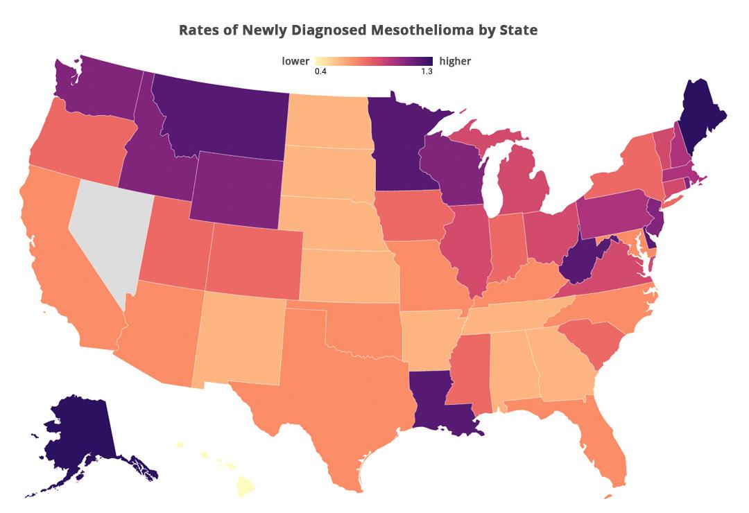 A map of the U.S. where states are shaded according to their rates of mesothelioma deaths.