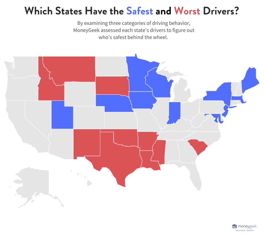 U.S. heatmap showing the states with the safest and most dangerous drivers.