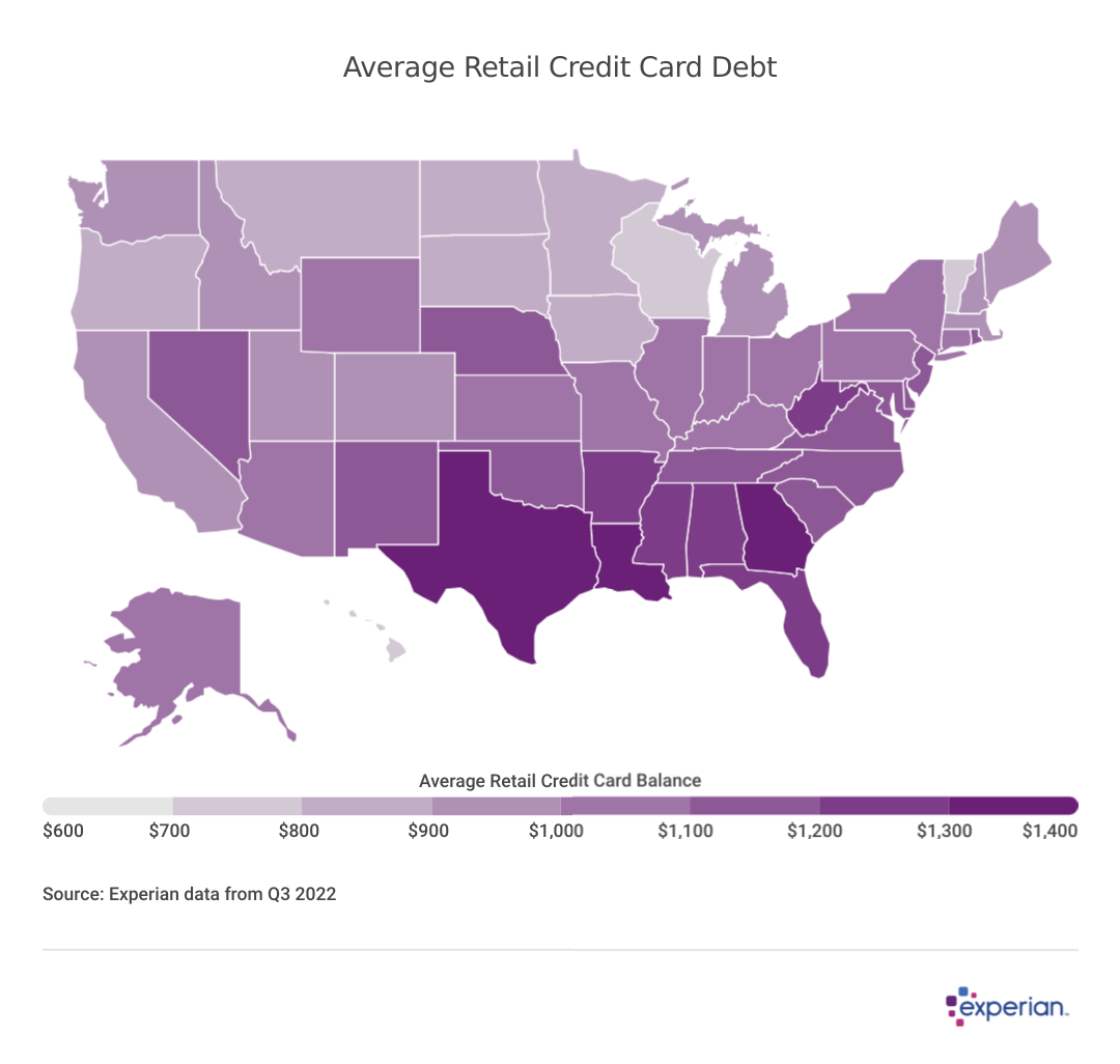 U.S. heatmap shows every state increasing in total retail credit card debt.