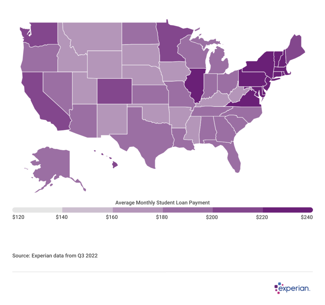 United States heatmap showing average student loan payments per state.