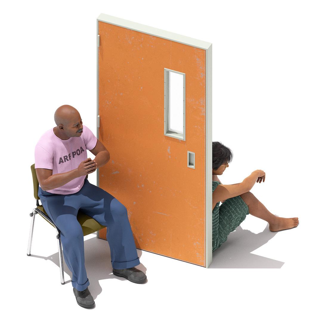 An illustration of one person sitting in a chair on one side of a door and another person sitting on the floor on the other side of the door.