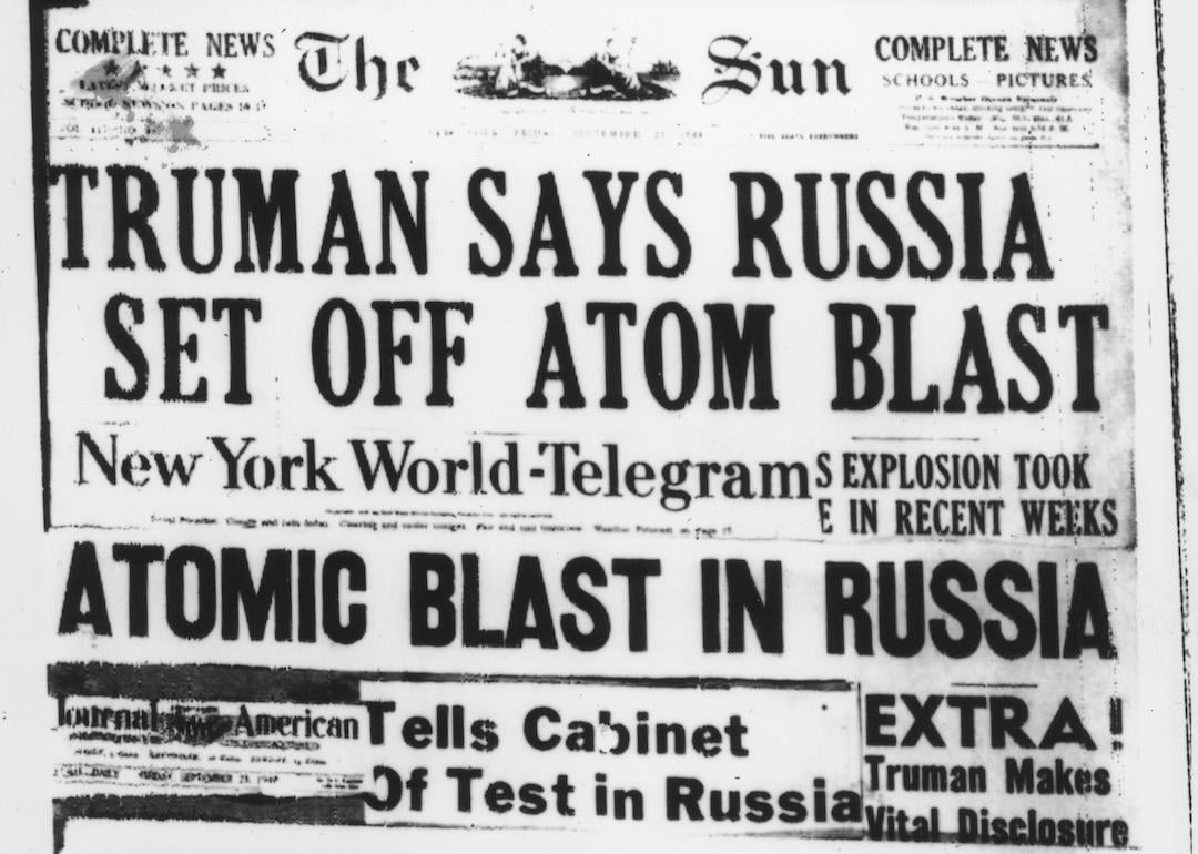 A selection of US newspaper headlines on President Truman's announcement that Soviet Union had conducted its first nuclear weapon test in 1949. 