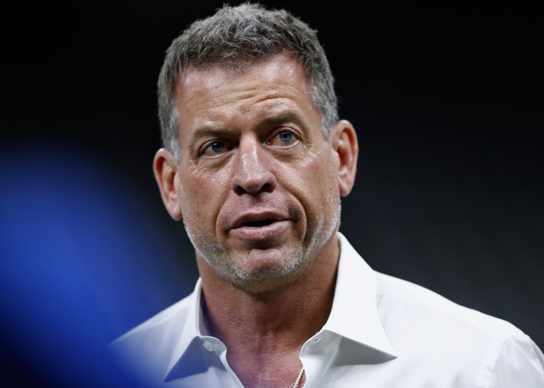  Troy Aikman attends the game between the Los Angeles Rams and the New Orleans Saints.