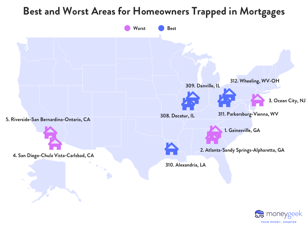 A U.S. map showing the best and worst areas for homeowners trapped in mortgages, symbolized with small house graphics on the map.