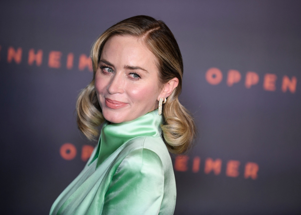 British actress Emily Blunt poses upon her arrival for the "Premiere" of the movie "Oppenheimer" at the Grand Rex cinema in Paris on July 11, 2023.