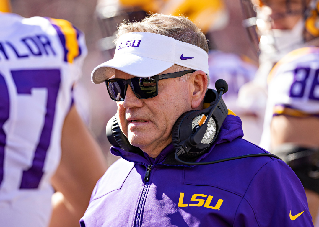 Head Coach Brian Kelly of the LSU Tigers on the sidelines during a game against the Arkansas Razorbacks at Donald W. Reynolds Razorback Stadium on November 12, 2022 in Fayetteville, Arkansas.