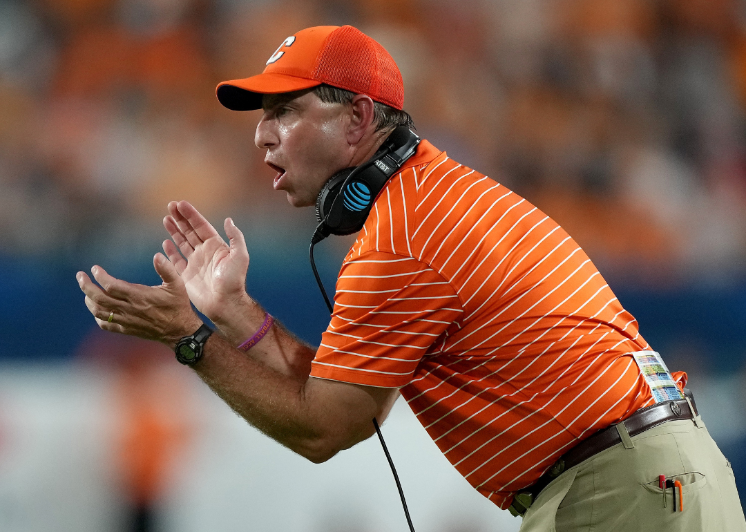 Head coach Dabo Swinney of the Clemson Tigers reacts against the Tennessee Volunteers during the first quarter of the Capital One Orange Bowl at Hard Rock Stadium on December 30, 2022 in Miami Gardens, Florida.