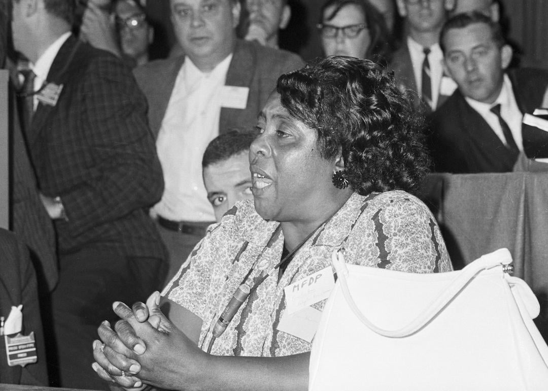 Fanny Hamer speaks out for the meeting of her delegates at a credential meeting prior to the formal meeting of the Democratic National Convention, 1964.
