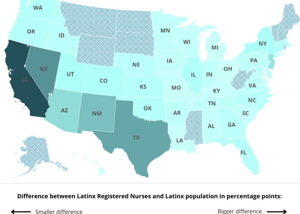 A geographic map of the US showing Latinx registered nurses in each state