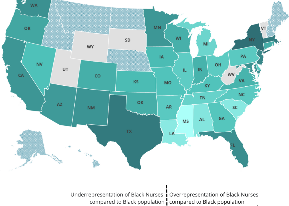 A geographic map of the US showing Black registered nurses in each state against the Black population of each