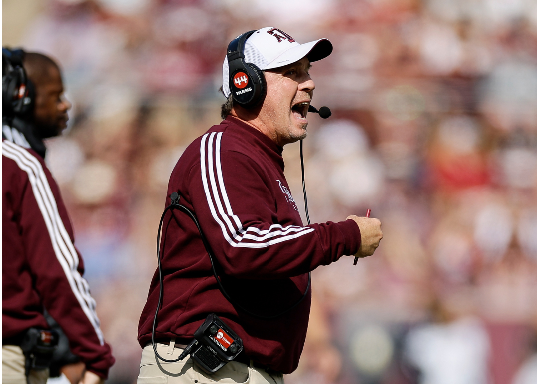 Head coach Jimbo Fisher of the Texas A&M Aggies reacts in the second half against the Florida Gators at Kyle Field on November 05, 2022 in College Station, Texas. 
