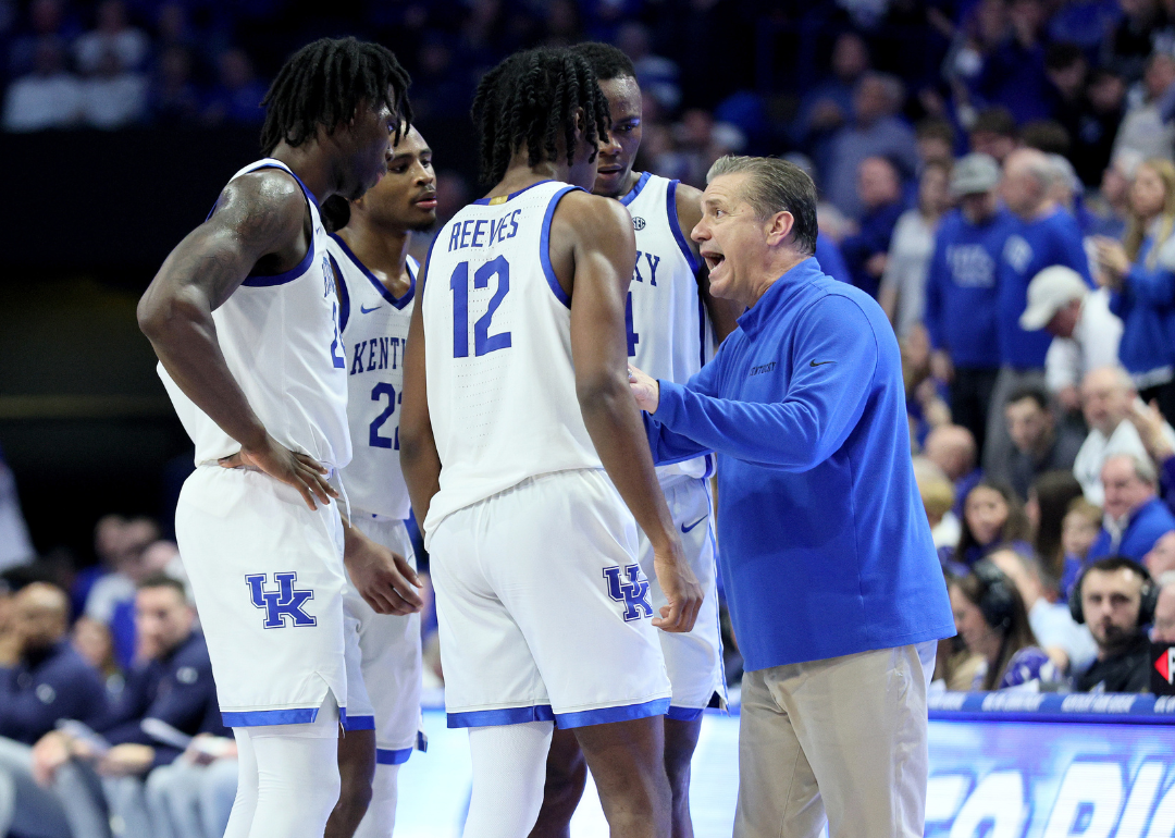John Calipari the head coach of the Kentucky Wildcats gives insturctions to his team against the Auburn Tigers at Rupp Arena on February 25, 2023 in Lexington, Kentucky.