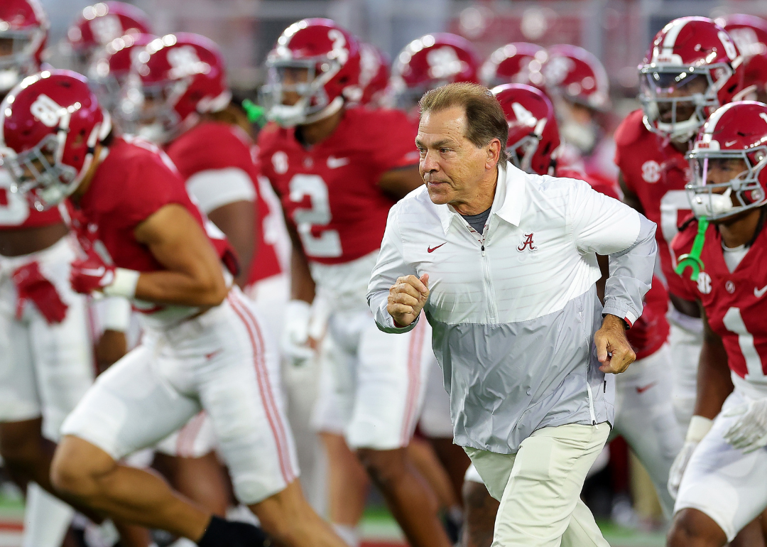 Head coach Nick Saban of the Alabama Crimson Tide leads the team onto the field prior to facing the Texas A&M Aggies at Bryant-Denny Stadium on October 08, 2022 in Tuscaloosa, Alabama.