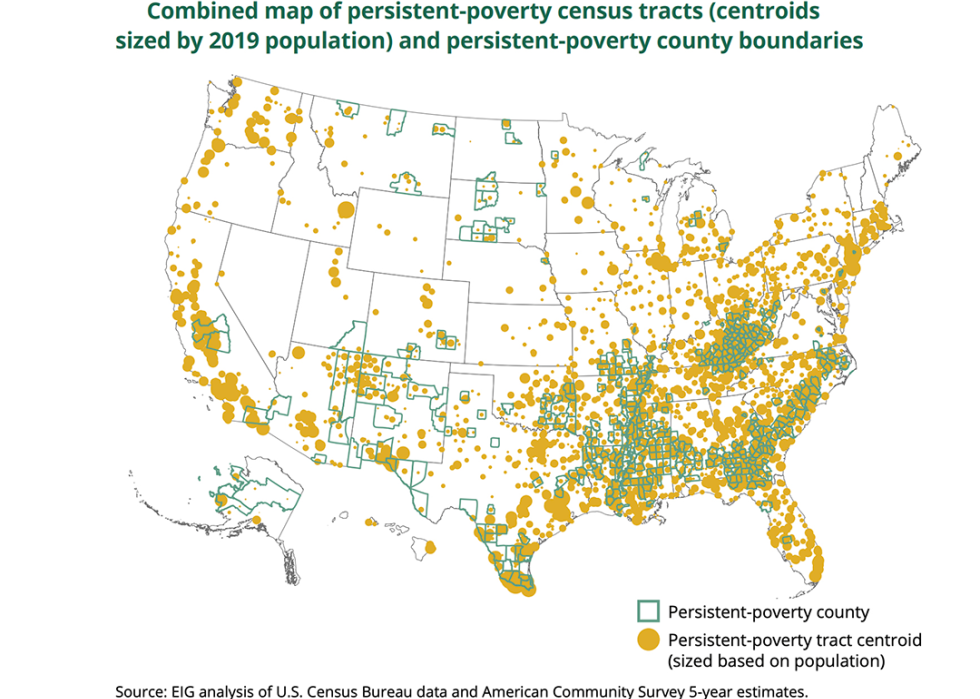 A national US Map showing areas of persistent poverty based on US Census tracts.