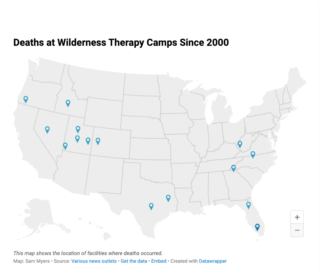 A U.S. map showing the location of deaths of teens at wilderness therapy camps since 2000.