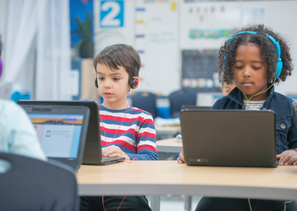 A pair of children sitting at computer terminals with headphones on