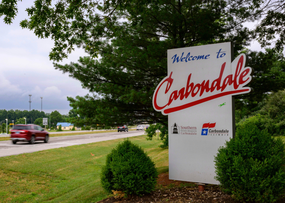 A "Welcome to Carbondale" sign is seen in Carbondale, Illinois.