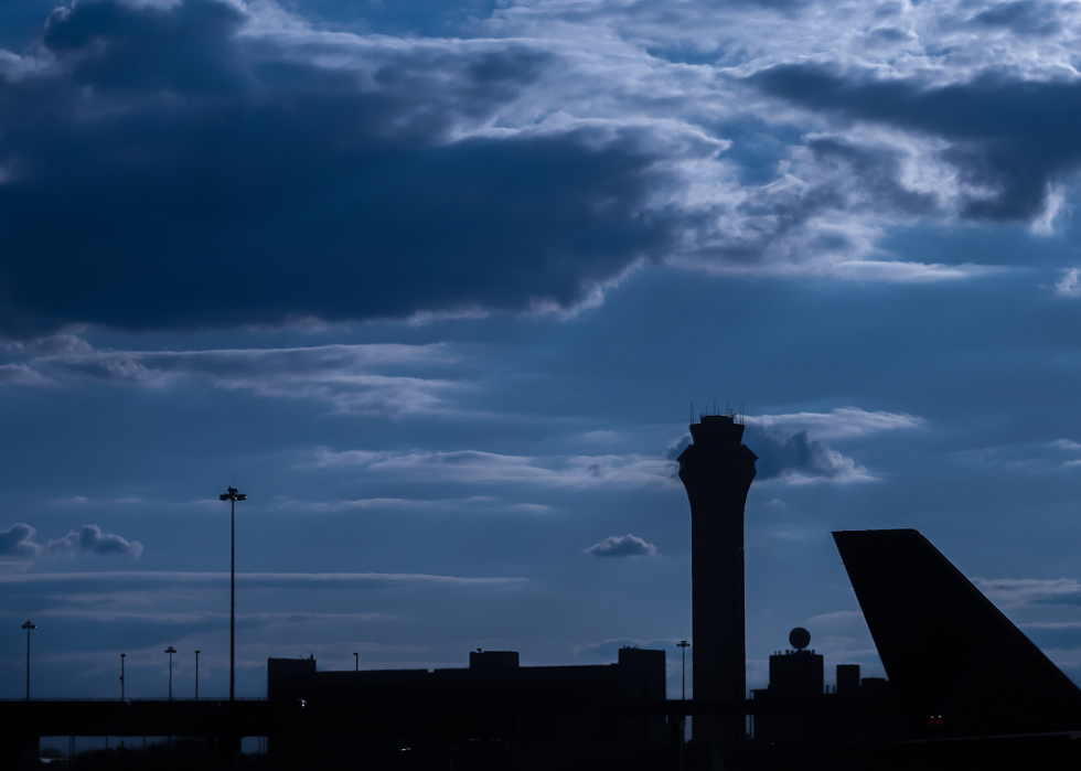 Airport control tower at night