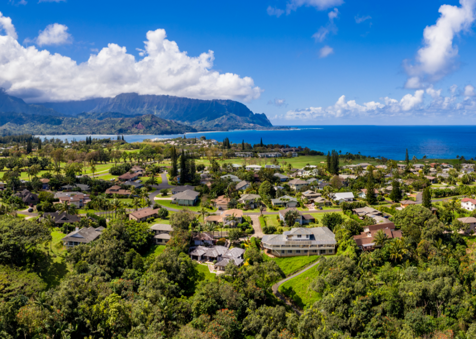 An aerial view of Princeville with Hanalei Bay on the north shore of Kauai.