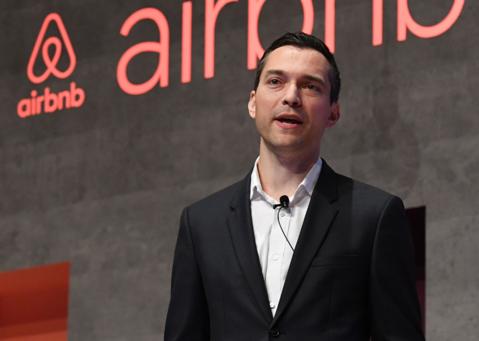 Nathan Blecharczyk speaks during an Airbnb press conference.
