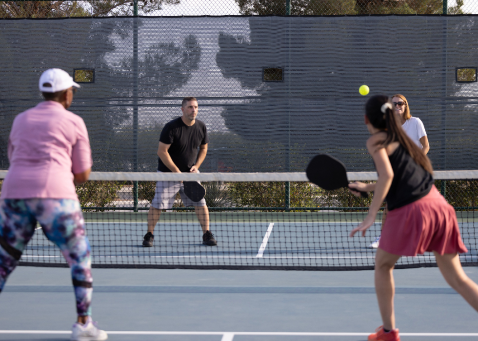 Four people playing pickleball