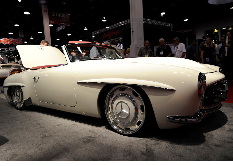 A 1961 Mercedes-Benz 190SL body with a chassis of a 2004 Mercedes-Benz SL600, including a twin-turbocharged SOHC 6-value V-12 engine, is on display at the Specialty Equipment Market Association (SEMA) trade show in Las Vegas, Nevada November 4, 2010.