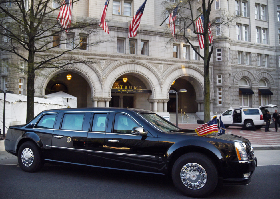 The presidential limousine, aka The Beast, is parked in front of the Trump hotel as US President Donald Trump attends dinner with supporters on April 30, 2018 in Washington, DC.
