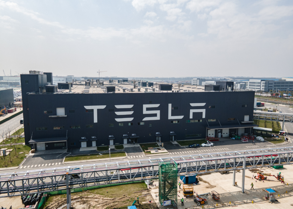 An aerial view of Tesla Shanghai Gigafactory on March 29, 2021 in Shanghai, China.