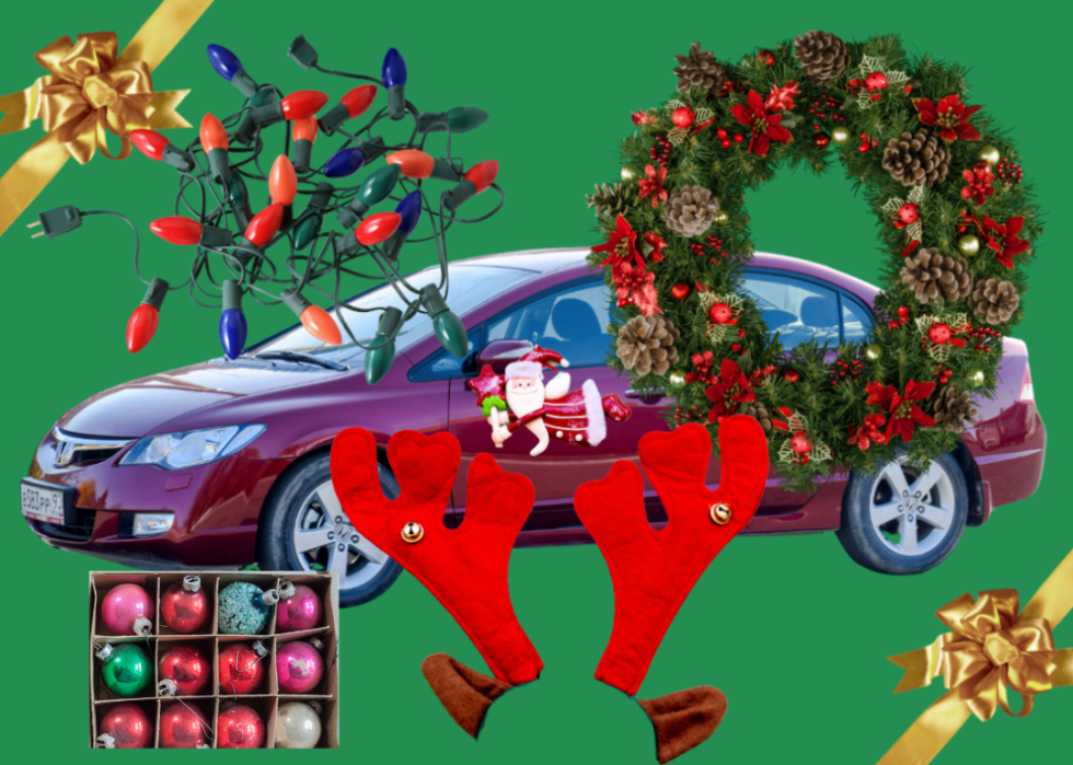 Holiday decor superimposed over a car with a green background