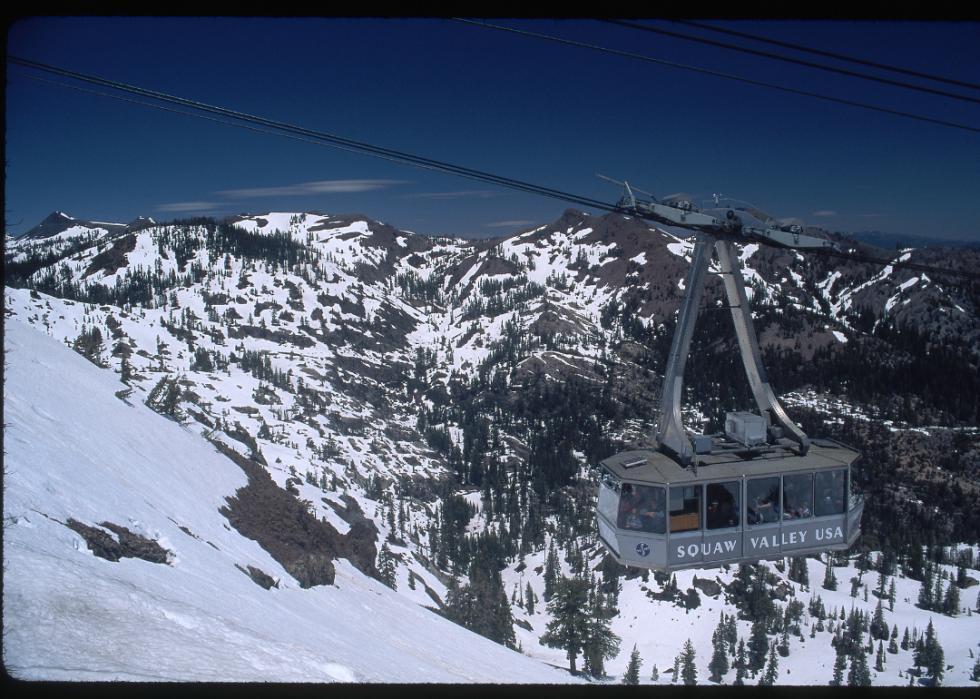 Exterior of an aerial tram at the Squaw Valley Ski Resort, with the Sierra Nevadas in the background. The tram is filled with skiers headed to the top of the mountain.
