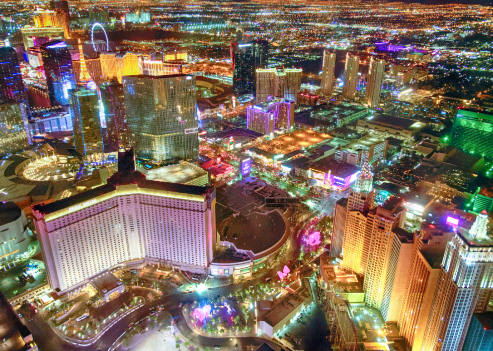 Aerial view of Las Vegas Nevada at night.